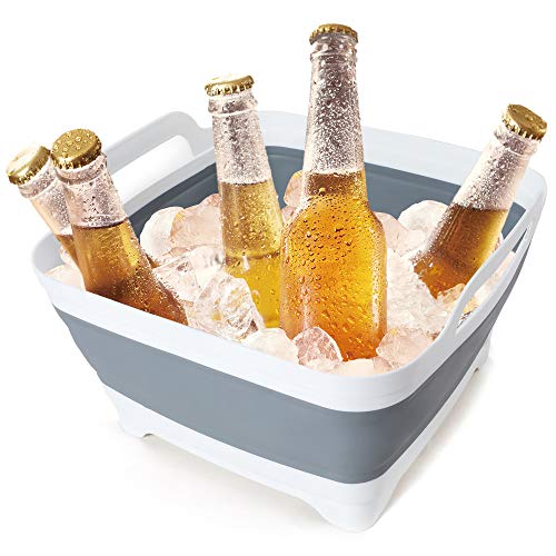 FOSJGO Reinforced Collapsible Dish Basin with Drain Plug, 2.4 Gal/9L Space-Saving Foldable Sink, Wash Basin for Kitchen, Camping, Baby Bottles, Vegetable Washing and Party Beverage Tubs - color: Gray