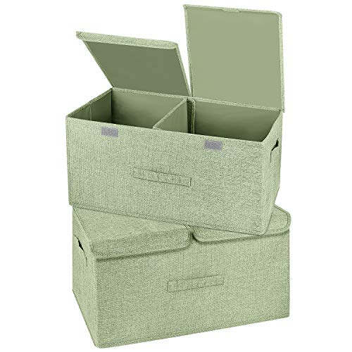 2 Pack Large Storage Boxes with Lids and Handles, Collapsible Linen Storage Bins Organizer Containers Baskets Cube with Removable Divider for Home Bedroom Closet Office (Green, Large) - color: Green, size: Large