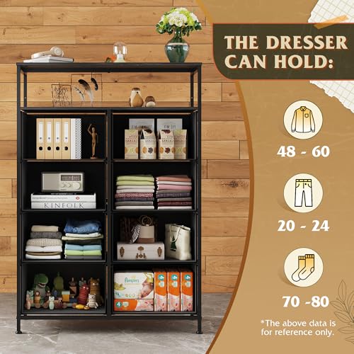 WLIVE Fabric Dresser for Bedroom with Open Shelves, Tall Black Dressers with 8 Drawers, Storage Tower with Fabric Bins, Chest of Drawers for Closet, Living Room, Hallway - color: Charcoal Black, style: Raised Shelves