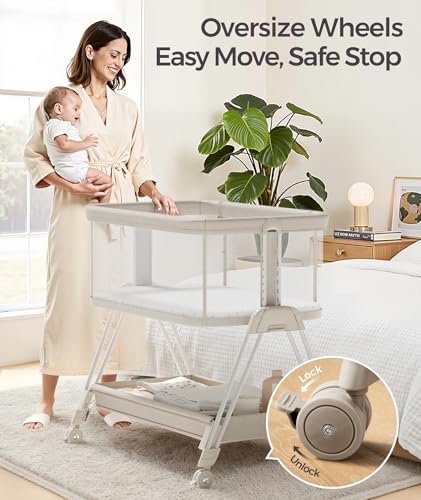 Fodoss Baby Bassinets Bedside Sleeper - Bed Side Bassinet Newborn with Wheels, Storage Tray, 4-Sided Mesh, 7 Height Adjustable, Beige - color: Beige Tweed