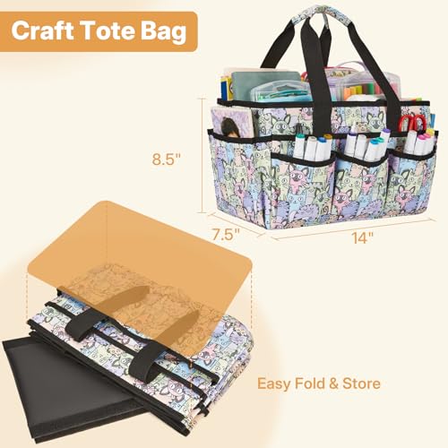 Craft Organizer Tote Bag, Art Organizer, Craft Caddy with Multiple Pockets, Storage Bag for Sewing Tools, Art Supplies, Home and Office (Cat Print) - color: Cat Print