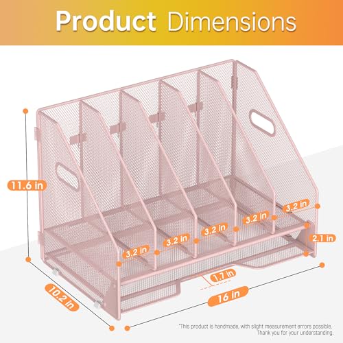 Docnest Desk File Holder Sorter, 5 Vertical Compartments Rack with Letter Tray, Mesh Magazine File Holder with Handle,Workspace Organizers,Desk Organizers for Paper, Mail, Documents-Pink - color: Pink-5 Compartments