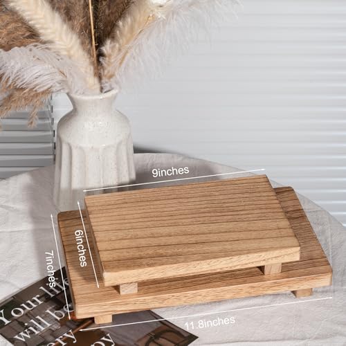 zoocatia Small Wood Tray Pedestal Stand Farmhouse Bathroom Decor Decorative Wooden Riser Kitchen Soap Dish Holder for Vanity, Counter, Sink, Large 11.8" x 7" - Brown - color: Brown, size: 11.8" x 7" x 1.6"