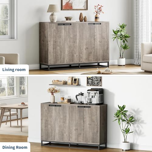 IDEALHOUSE 55 Inch Sideboard Buffet Cabinet with Storage, Accent Cabinet with 4 Doors & Adjustable Shelves, Multifunctional Storage Cabinet for Kitchen, Dining Room, Entryway & Living Room - color: Grey