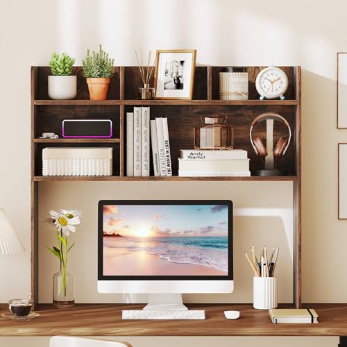 Tangkula Desktop Bookshelf for Computer Up to 32”, 37” Countertop Storage Hutch with 6 Storage Shelves, 3-Tier Desktop Organizer Display Rack, Wooden Desk Hutch for Dorm Home Office (Rustic Brown) - color: Rustic Brown, size: 6 Shelves