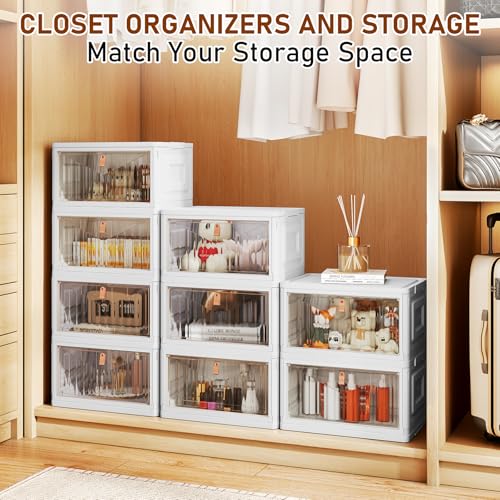 4 Tier Storage Bins with Lids, 23QT Stackable Closet Organizers and Storage with Wheels, Collapsible Storage Boxes, Foldable Plastic Storage Containers for Home,Office, Dorm Room-White - color: White