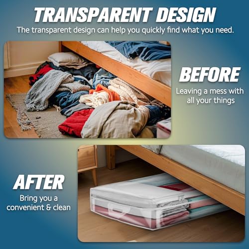 HIBAG 20 Gallon Under Bed Storage Containers, Underbed Clothing Storage Bins, Clear Plastic Organizer with Reinforced Handles, for Clothes Comforters Blankets Towels Pillows Bedding (2 Pack) - size: 20 gal Underbed - 2 pack