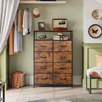WLIVE Fabric Dresser for Bedroom with Open Shelves, Tall Dresser with 8 Drawers, Storage Tower with Fabric Bins, Chest of Drawers for Closet, Hallway, Rustic Brown Wood Grain Print - color: Rustic Brown Wood Grain Print, style: Raised Shelves