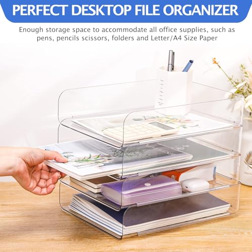 LALOBLUE Stackable Letter Tray Desk Organizer, Set of 4 Clear PET Paper & File Organizers, Document Storage for Office Supplies