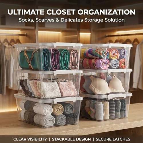 WYT 6-Pack Clear Plastic Storage Bins with Lids, 8 Quart Organizer Container Box with Latch Buckles