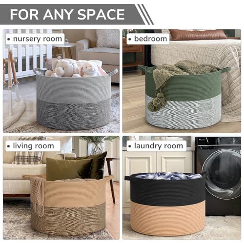 INDRESSME 115L Extra Large Blanket Basket, Cotton Rope Basket for Nursery Living Room, Decorative Woven Storage Baskets with Handles for Dirty Clothes, Toy Bin For Dog Toys, Grey - color: Light & Dark Grey, size: 23.6"D x 15.7"H