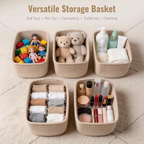 5 Pack Decorative Small Storage Baskets for Shelves, Cotton Rope Woven Basket for Organizing Bathroom, Nursery, Closet, Cabinet, Toys & Socks, Gift Baskets Empty, 11.8"x7.9"x4.7", Khaki - color: Khaki