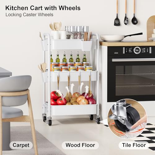 3 Tier Rolling Cart Metal with Wheels, White Three Tiered Craft Cart Organizer on Wheels, Storage Utility Carts for Art, Baby Nursery,Diaper Caddy, Cleaning Supplies, Nail,Lash,Snack,Book,Roller Shelf - color: Light White, size: 3-Tier + Cups + Hooks