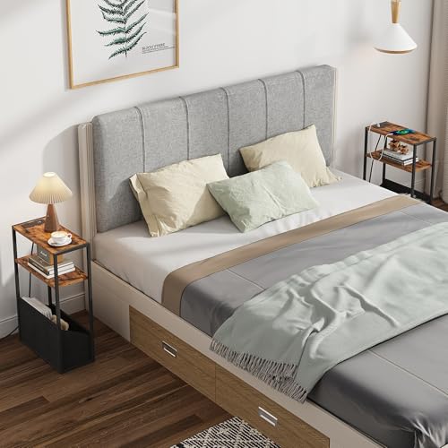 TUTOTAK Narrow Side Table, Small End Table with Charging Station, Nightstand with Fabric Basket, Bedside Table for Small Space, Livingroom, Bedroom Brown TB01BB095 - color: Brown