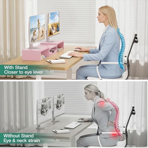 OPNICE Desk Organizers and Accessories, Dual Computer Monitor Stand Riser with Drawer, Office Decor for Women, Office Desk Accessories & Workspace Organizers, Pink - color: Pink