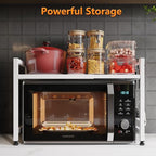 Extendable Microwave Oven Stand, Adjustable Microwave Rack Toaster Shelf, Heavy Duty Rack 2 Tier Kitchen Counter Top Organizer with 7 Hooks for Kitchen - color: White
