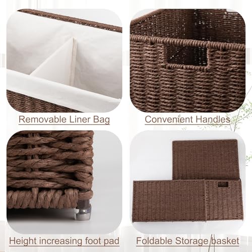 OIAHOMY Storage Basket with Lid, 27.7 Gallon (105L) Blanket Basket with Removable Separated Liner Bag, Paper Rope Hamper with Handle, Foldable, Shelf Basket for Living Room, Brown - color: Brown