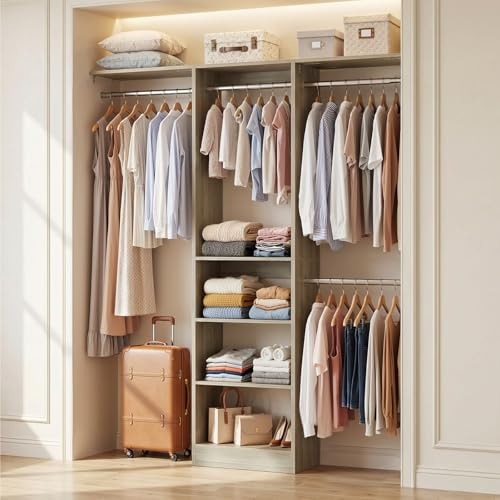 Cyclysio 4FT Small Closet System, 80"H Closet Organizer System with 4 Closets Rods & 3 Shelves, 48" Closets Organizers and Storage for Small Bedrooms, Laundry Rooms, Cloakrooms, White Oak - color: White Oak