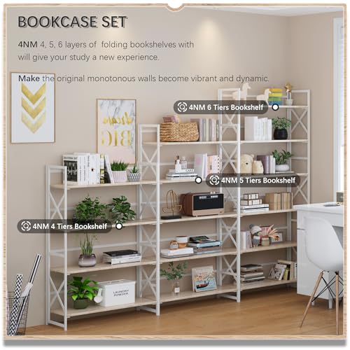 4NM Extra Wide 5 Tiers No Assembly Book Shelves, 51.2" H Folding Bookshelf Bookcase Open Industrial Foldable Shelves for Bedroom, Living Room, Home Office - Natural White - color: Natural White, size: Wide XX 5-Tier