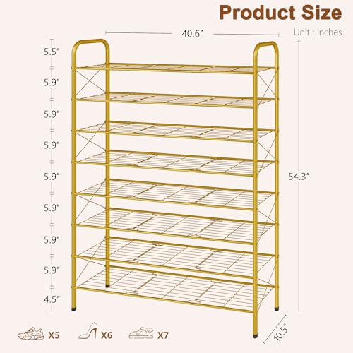 Hoctieon 8 Tier Shoe Rack for Closet, Durable Mesh Style Shoe Rack, Entryway Shoe Shelf, Shoe Storage Organizer for Hallway, Bedroom, Living Room, Wardrobe, Gold - color: Gold, size: 8 Tier
