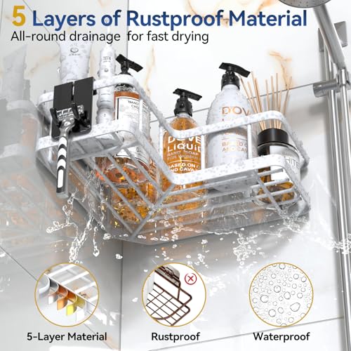 YASONIC Corner Shower Caddy, 5-Pack Adhesive Rustproof Stainless Steel Shower Organizer with Soap Holder, No Drilling Shower Shelf for Inside Shower, Dorm, Renters, White - color: White, size: 5Pack