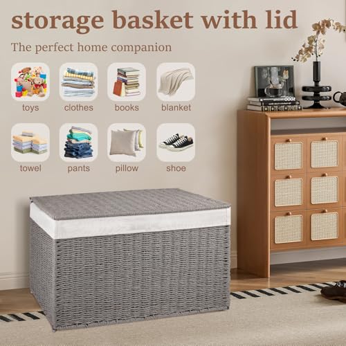 OIAHOMY Storage Basket with Lid, 27.7 Gallon (105L) Blanket Basket with Removable Separated Liner Bag, Paper Rope Hamper with Handle, Foldable, Shelf Basket for Living Room, Grey - color: Grey
