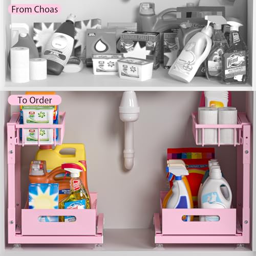 L-Shaped Under Sink Organizer, 2 Pack 2-Tier Pull Out Metal Kitchen Cabinet Organizer with Sliding Storage Drawer, Height Adjustable Heavy Duty Under Bathroom Sink Storage for Cleaning Supplies - color: Pink V2.0, size: 2 Pack