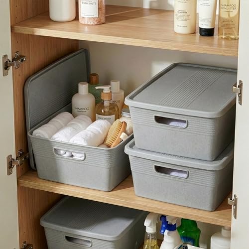 BINO | Plastic Storage Bins with Lids, 13 Liter - 3 Pack, Natural Grey | THE BRAIDED COLLECTION | Plastic Bins for Organization Woven Storage Baskets for Organizing Pantry Shelf Organizer Basket Bin - color: Natural Grey, size: 13L | 3-Pack
