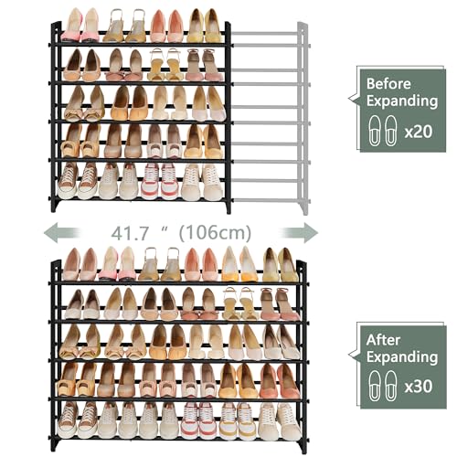 FAVOOSTY 3-Tier Expandable Shoe Rack, Adjustable Shoe Shelf Storage Organizer Space Saving Metal Free Standing Shoe Rack for Entryway Closet Doorway, Silver Grey (Black, 5 Tier) - color: Black, size: 5 Tier