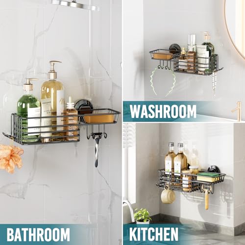 TAILI Shower Caddy Suction Cup with Hooks and Soap holder, Heavy Duty Bathroom Shower Organizer, No Drilling Bathroom Holder with Large Capacity, Metal Black Storage Basket - style: 1×Black