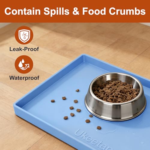 ukeetap Extra Thick Silicone Mat Waterproof with Raised Edge 19” x 12”, BPA Free Non-Slip Dog & Cat Food Mat, Feeding Mat for Food and Water Bowls, Spill Proof Mat to Protect Floors, Blue - color: Blue, size: 19"L x 12"W