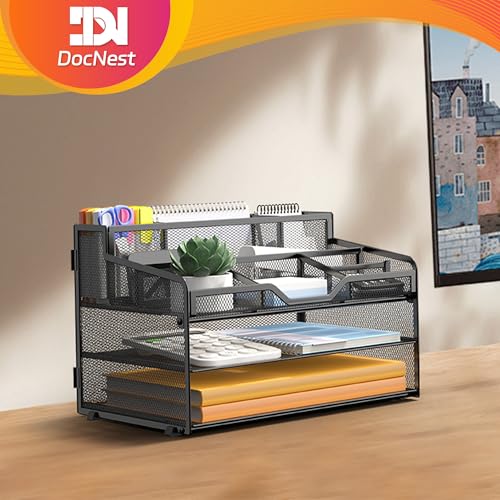 Docnest 3 Tier Mesh Desk Organizer for Paper Office Supplies – Multi-Functional Letter Tray with 5 Adjustable Compartments, 3 Pen Holders, Desktop Storage for Files, Mail, Stationery – Black - color: Black, size: 12.7" x 9.1" x 8.6"