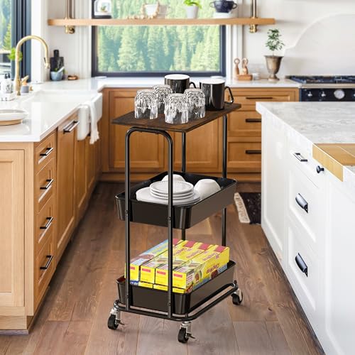 Simple Houseware 2-Tier Rolling Utility Cart with Lockable Wheels and Wood Top, Metal Storage Organizer Trolley for Kitchen, Bathroom, Office, Craft Room, Rustic Brown - color: Rustic Brown