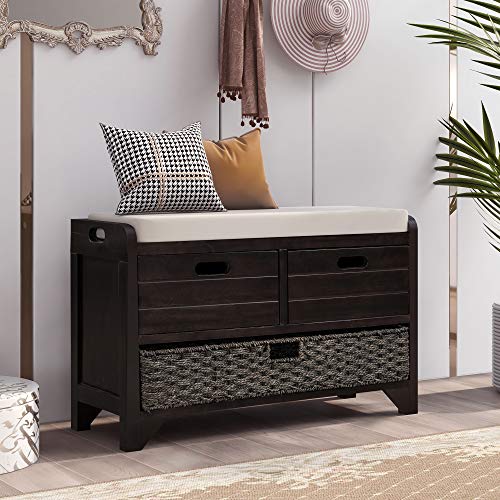 Fully Assembled Solid Acacia Wood Storage Bench - Shoe Organizer with 2 Drawers, Removable Basket & Padded Cushion, Rustic Entryway Bench (Espresso) - color: Espresso