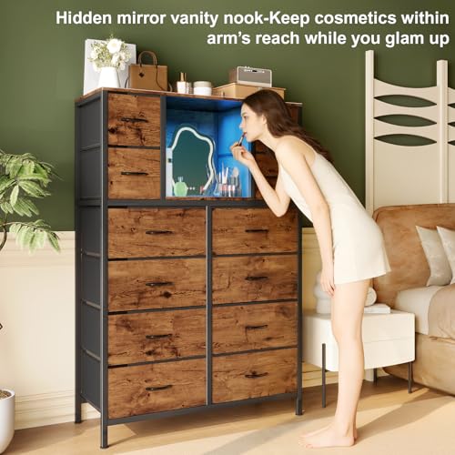 58.7" H Dresser for Bedroom with 12 Fabric Drawers & LED Lights, Anti-Tips Chest of Drawers with Open Shelves for Small Space, Living Room, Storage Organizer with Steel Frame, Wood Top, Rustic Brown