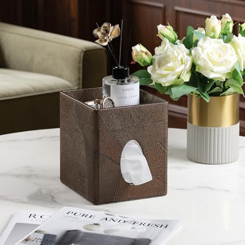 Square Tissue Box Cover, Stylish Leather Tissue Box Holder with Storage Tray, Decorative Tissue Rack Storage Box for Living Room, Bedroom, and Office Desk (Brown Vintage) - color: Brown Vintage