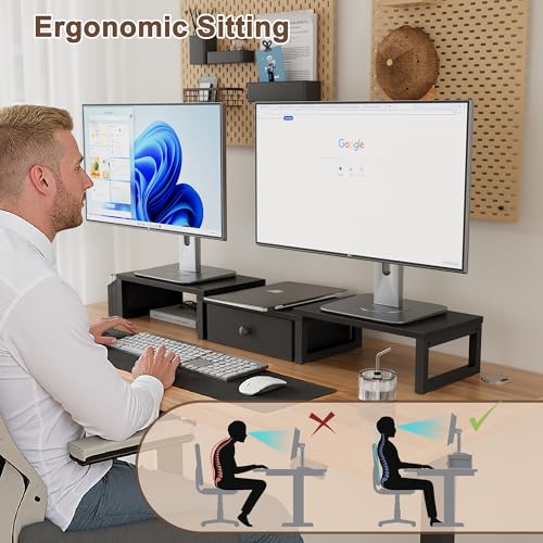 LAND·VOI Dual Monitor Stand with Drawer and Side Pockets, Monitor Riser for Desk, Home Office Desk Storage, Multi-Scenario Adaptation for Work and Entertainment, Black, HMS02BK - color: Black, size: Separate-Type