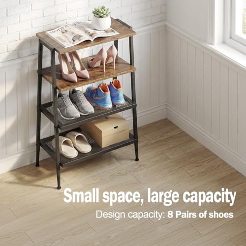A-Shape Shoe Rack, 4-Tier Heavy-Duty Shoe Organizer with Wooden Top & Mesh Shelves, Space-Saving for Entryway, Bedroom, Hallway(25.28" H, Holds 8 Pairs, Rustic Brown) - size: 17.32" X 10.24" X 25.28"