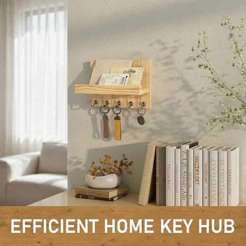 Rebee Vision Pine Wood Key Holder Wall Mount with 5 Hooks and Shelf – Farmhouse Key Holder for Wall for Entryway Organization – Perfect for Mail & Letters (Orginal Wood,3.54" x 10" x 7.28") - color: Original Wood, size: 10 Inch