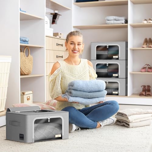 Sorbus Storage Bins with Metal Frame - Stackable & Foldable Clothes Organizer Bags - Oxford Fabric Storage Containers with Large Clear Window & Carry Handles, Bedroom Organization for Bedding & Linen - color: Gray, size: 6 Pack
