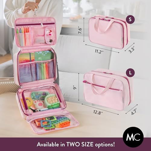 Kids Travel Organizer – Multi-Compartment, Water-Resistant Hanging Bag for Toys, Snacks, & Activities - Compact, Lightweight Design with Hook & Carry Handle - Perfect for Travel Use (Pink, Large) - color: Pink, size: Large