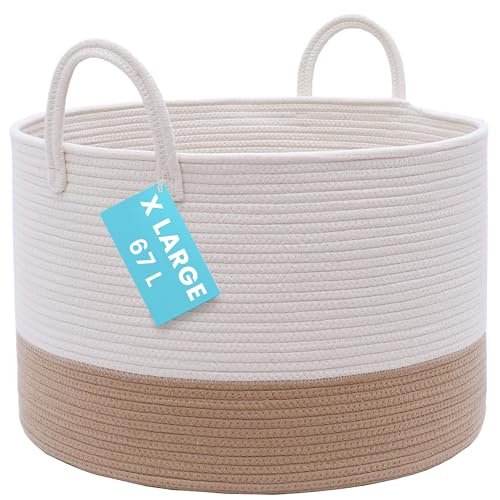 OrganiHaus Large Woven Storage Basket for Blankets and Toys 20" x 13" Inch, Rope Laundry Basket with Handles, Cushions & Pillows Storage Bin, Nursery Hamper, Soft Round Dog Toy Bin - Honey/Off-White - color: Honey / Off-White, size: Wide