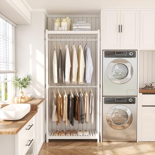 Homykic Bamboo Clothes Rack with Shelves and Double Hang Rods, Portable Closet System Garment Rack for Hanging Clothes, Tall Clothing Rack Corner Closet Organizer, Easy to Built, Freestanding, White - color: White, size: Standard
