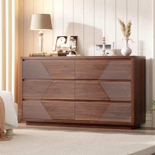 Ieejdn 55.12" Modern Chest of Drawer, 6 Deep Drawers,Clothes Organizer,Large Storage Cabinet for Living Room, Bedroom,Dresser TV Stand, Wood Drawer Organizer for Living Room, Hallway, Umber