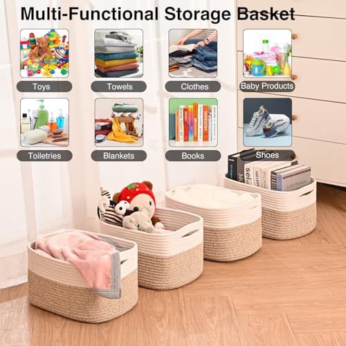 ICERZCZ Storage Baskets for Shelves, Woven Storage Basket, Bins for Cube Storage, Cotton Rope Basket with Handles for Toy, Book, and Clothes Living Room, (4 Packs) Off White & Brown - color: Off White & Brown, size: 12.5"(l)×9.1"(w)×7.9"(h)