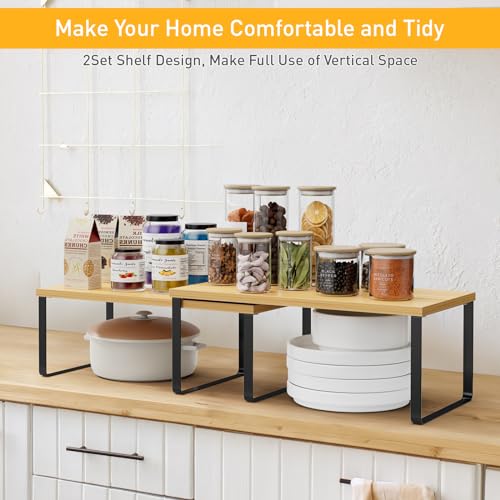 OGEMXU Cabinet Shelf Organizers, 15.7 inches Large Kitchen Counter Shelf, Set of 2 Wood Kitchen Pantry Organizer, Storage Shelves for Countertop, Spice Rack, Stackable, Expandable, Metal Black, Nature - color: Black and Natural Beige, size: 2pcs 7.8" D x