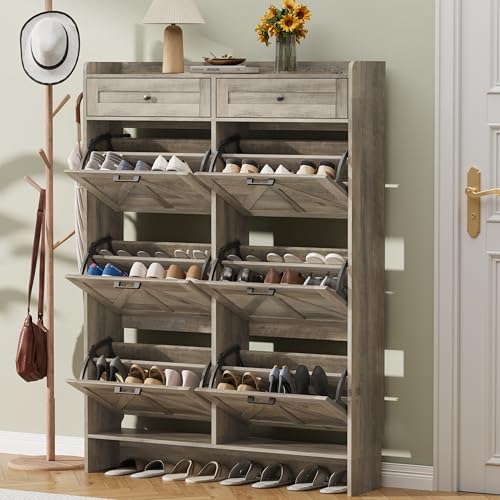 Thacuok Shoe Cabinet with 6 Flip Drawers & 2 Storage Drawers, Rustic Farmhouse Narrow Shoe Organizer Cabinet, Slim Shoe Rack Cabinet, Shoe Storage Cabinet for Entryway, Hallway, Front Door - color: Grey, size: 6 Drawers