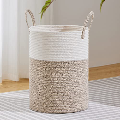 VIPOSCO Large Laundry Hamper, Tall Woven Rope Storage Basket for Blanket, Toys, Dirty Clothes in Living Room, Bathroom, Bedroom - 72L White & Brown - color: Brown, size: 72L