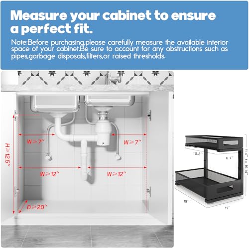 2 Pack 19IN Depth Under Sink Storage Organizer, Large 2-Tier Elegant Mesh Pull Out Shelf for Kitchen and Bathroom Cabinet Organization, L-Shaped and Adjustable Height Design-Black - color: Black, size: 2 Pack-19"Dx11.4"-16.14"H