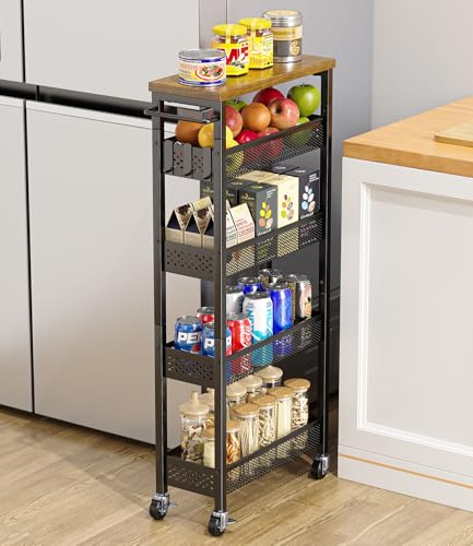 Giwil Slim Storage Cart 5 Tier Narrow Kitchen Rolling Cart on Wheels for Small Space, Metal Utility Cart Narrow Bathroom Storage Cabinet Mobile Shelf Unit Organizer with Wood Top and Handle, Black - color: Black, size: 5 Tier (W-7.1IN)
